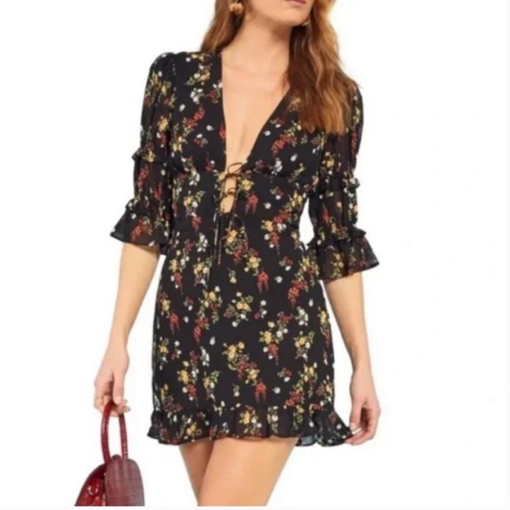 Reformation Black Floral Mini Dress with Red and Yellow Accents